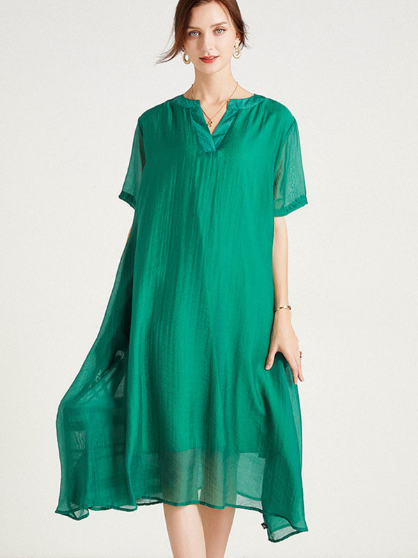 Midi Dresses Women’s Dresses Large Size V-Neck Short Sleeve Silk Loose Midi Dress MsDressly