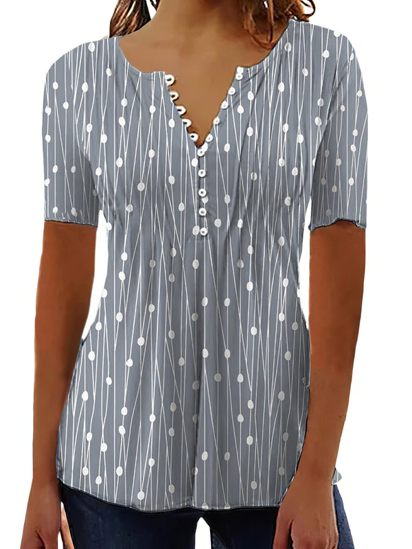 Women’s Blouses V-Neck Polka Dot Printed Button Short Sleeve Blouse