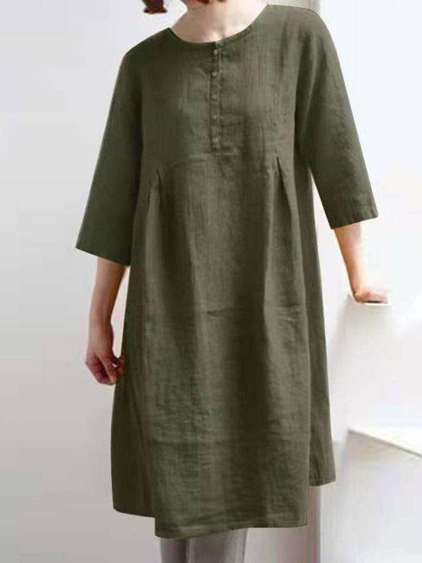 Women's Dresses Retro Cotton Linen Solid Pleated Half Sleeve Mini Dress - MsDressly