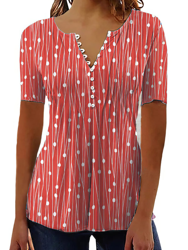 Women’s Blouses V-Neck Polka Dot Printed Button Short Sleeve Blouse