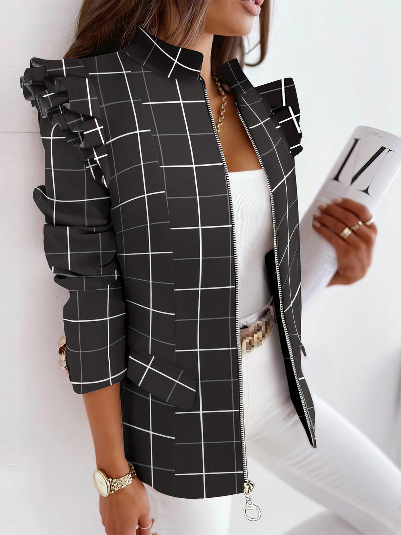 Women's Blazers Ruffle Check Long Sleeve Zipper Blazer