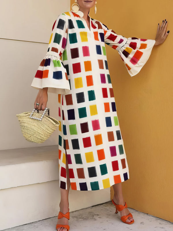 Women's Dresses Multicolor Plaid Flared Long Sleeve Dress