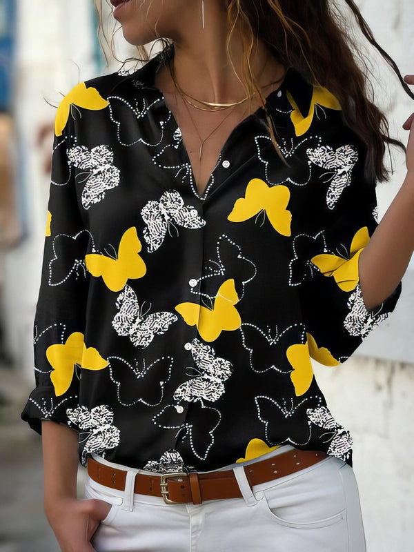 Women's Blouses Butterfly Print Button Long Sleeve Blouse