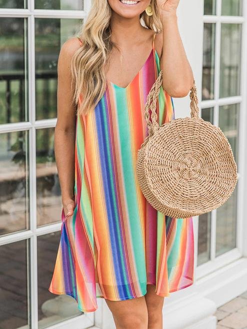 Bohemian Multicolor Striped Chiffon Sleeveless Sling Beach Short Dress - MsDressly