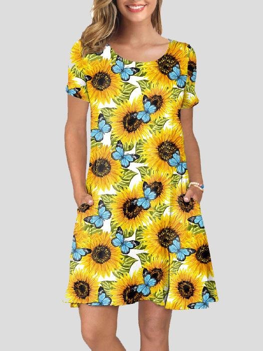 Casual Printed Short Sleeve Round Neck Pocket Dress - MsDressly