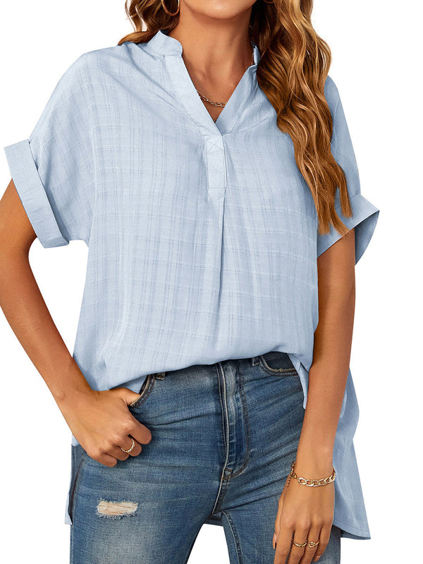 Women's Blouses V-Neck Thin Loose Plaid Short-Sleeved Blouse