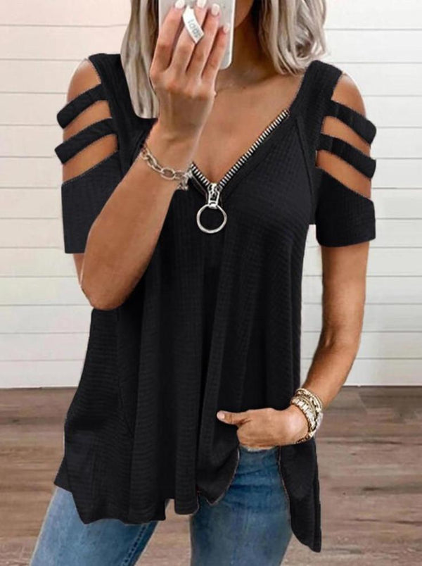 Cold Shoulder Cutout Sleeve Zip Front Top - MsDressly