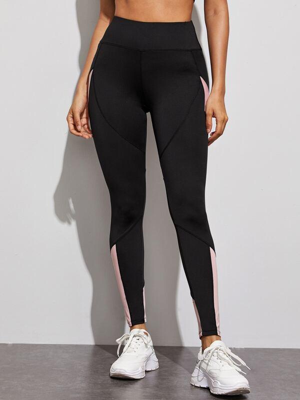 Contrast Panel Wide Waistband Sports Leggings - INS | Online Fashion Free Shipping Clothing, Dresses, Tops, Shoes