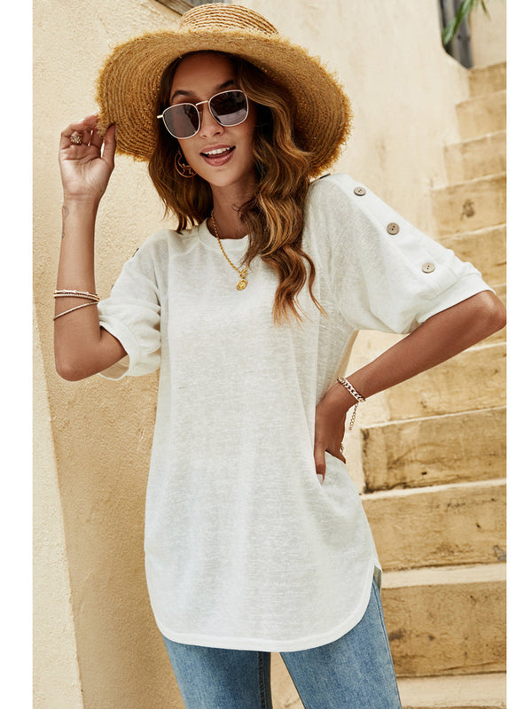 Blouses Women's T-Shirts Loose Round Neck Button Casual Half-Sleeve T-Shirt MsDressly