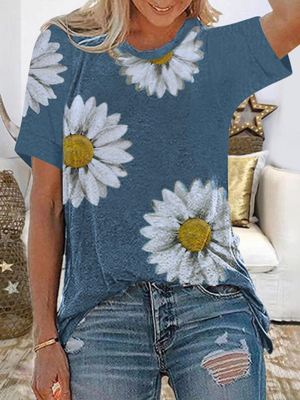 Daisy Print Round Neck Short Sleeve T-Shirt - T-Shirts - INS | Online Fashion Free Shipping Clothing, Dresses, Tops, Shoes - 09/07/2021 - 10-20 - Category_T-Shirts