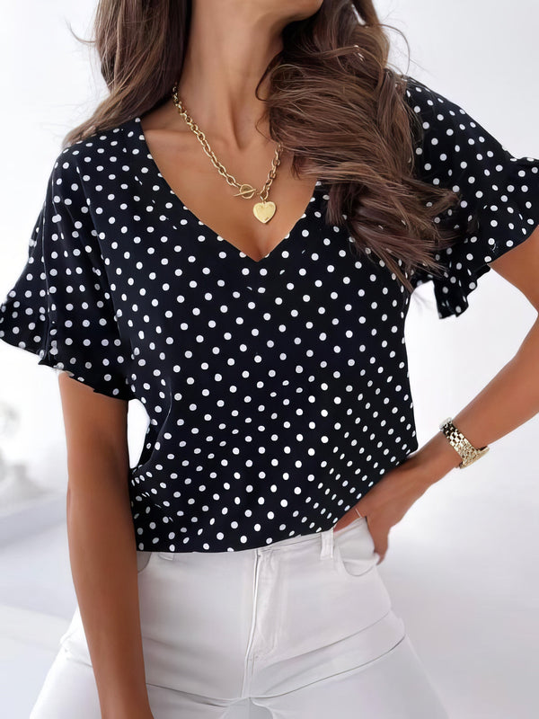 Dot Print Short Sleeve V-Neck T-Shirt