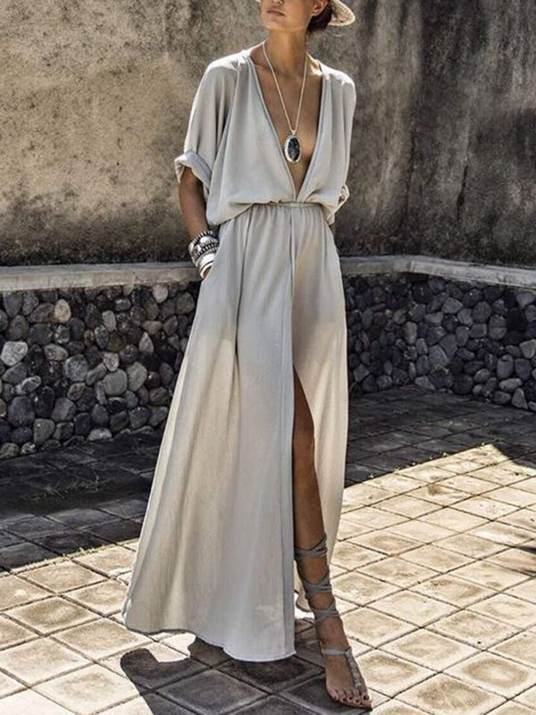 Elegant Solid Deep V Neck Split Dress - Maxi Dresses - INS | Online Fashion Free Shipping Clothing, Dresses, Tops, Shoes - 20-30 - 28/06/2021 - color-black