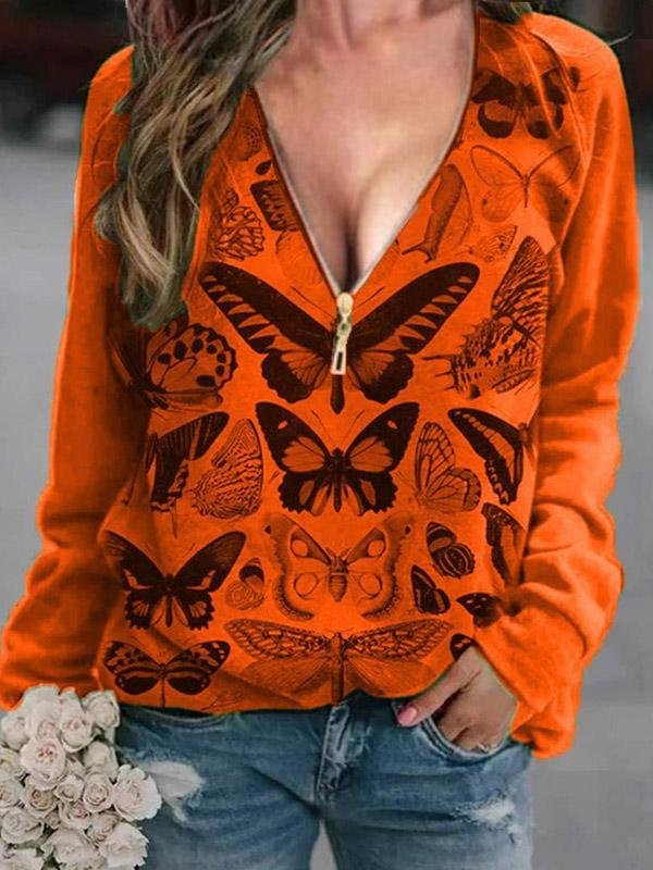 Women's T-Shirts V-Neck Butterfly Print Zipper Long Sleeve T-Shirt - MsDressly