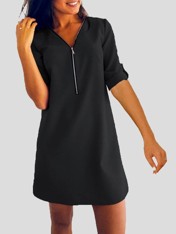 Long Sleeve V-neck Zip Loose Dress - Mini Dresses - INS | Online Fashion Free Shipping Clothing, Dresses, Tops, Shoes - 07/07/2021 - 10-20 - color-black