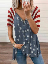 Loose Star Print Zipper V-neck Short-sleeved T-shirt