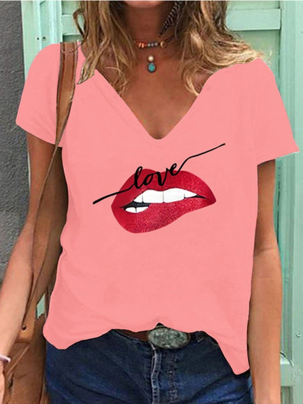 Loose V-Neck Lip Print Short Sleeve T-Shirt - T-Shirts - INS | Online Fashion Free Shipping Clothing, Dresses, Tops, Shoes - 02/07/2021 - 10-20 - Category_T-Shirts