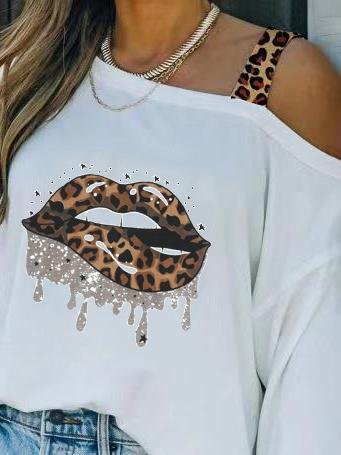 Off Shoulder Leopard Lips Print Long Sleeve Loose T-shirt - MsDressly