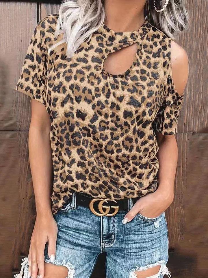 Off-Shoulder Leopard Print Hollow Short Sleeve T-Shirt - MsDressly