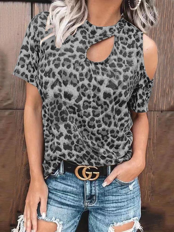 Off-Shoulder Leopard Print Hollow Short Sleeve T-Shirt - MsDressly