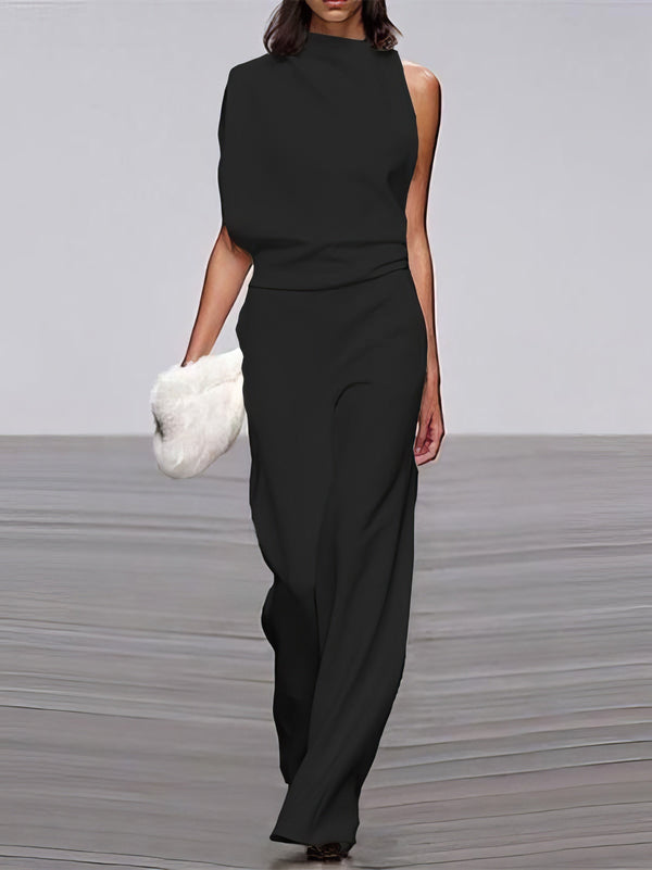 Solid Color One-shoulder Pile Collar Jumpsuit