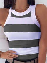 Striped Print Round Neck Casual Tank Top