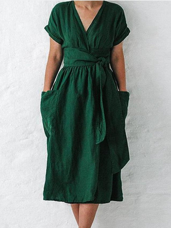 V-neck Short Sleeve Pocket Solid Color Dress - Midi Dresses - INS | Online Fashion Free Shipping Clothing, Dresses, Tops, Shoes - 07/06/2021 - Color_Green - Color_Pink