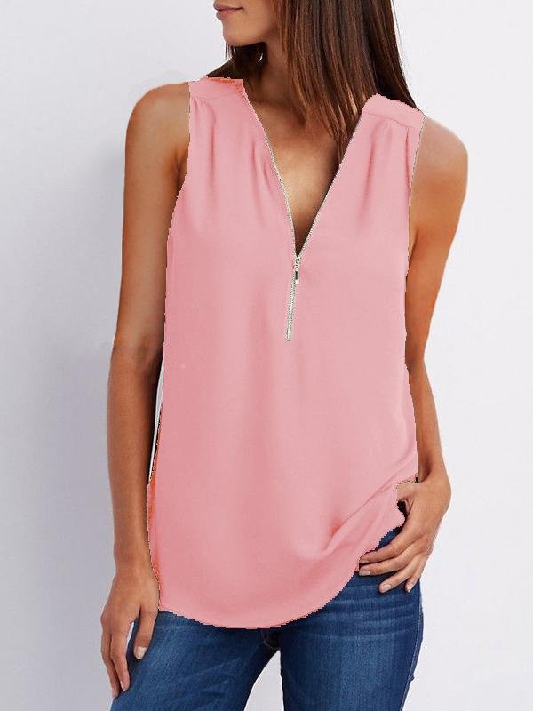 V-neck Zipper Sleeveless Loose Chiffon Vest - Tank Tops - INS | Online Fashion Free Shipping Clothing, Dresses, Tops, Shoes - 08/07/2021 - color-black - color-gray