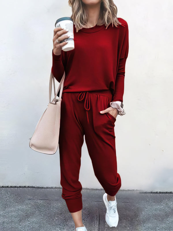 Women Solid Color Long Sleeve Long Pants Pajamas Set