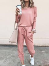 Women Solid Color Long Sleeve Long Pants Pajamas Set