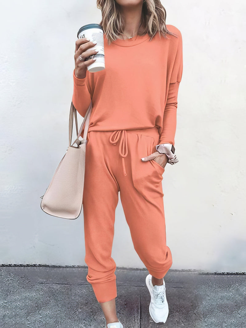 Women Solid Color Long Sleeve Long Pants Pajamas Set