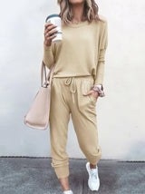 Women Solid Color Long Sleeve Long Pants Pajamas Set