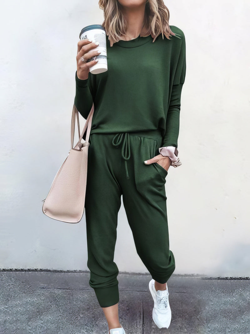 Women Solid Color Long Sleeve Long Pants Pajamas Set