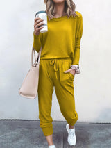 Women Solid Color Long Sleeve Long Pants Pajamas Set