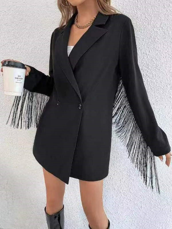 Women's Blazers Solid Lapel Button Fringe Long Sleeve Blazer - MsDressly