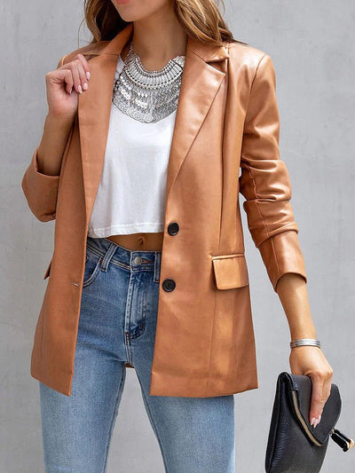 Women's Blazers Solid Notched Lapel Flip Pocket Pu Leather Blazer - Blazers - Instastyled | Online Fashion Free Shipping Clothing, Dresses, Tops, Shoes - 5/12/2022 - BLA2212051277 - Blazers