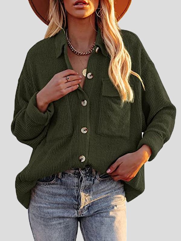 Women's Blouses Corduroy Pocket Button Long Sleeve Blouses - MsDressly