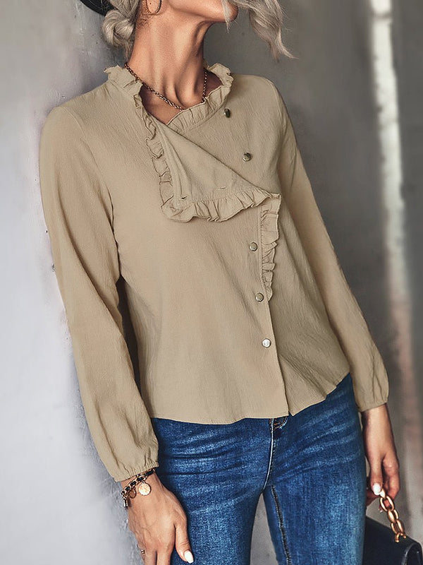 Women's Blouses Fashion Solid Color Button Ruffle Casual Blouse - MsDressly