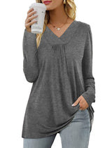 Women's Blouses Long Sleeve Pleated V Neck Blouse - MsDressly