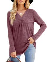 Women's Blouses Long Sleeve Pleated V Neck Blouse - MsDressly