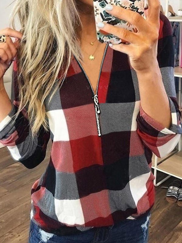 Women's Blouses Plaid Print V Neck Zip Long Sleeve Blouse - Blouses - Instastyled | Online Fashion Free Shipping Clothing, Dresses, Tops, Shoes - 13/1/2023 - 20-30 - BLO2301130007