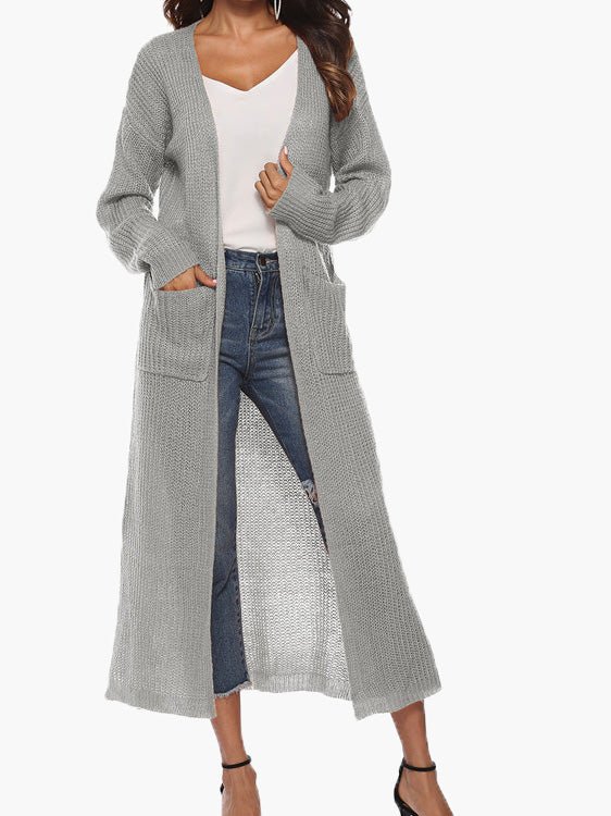 Women's Cardigans Solid Pocket Slit Long Sweater Cardigan - MsDressly