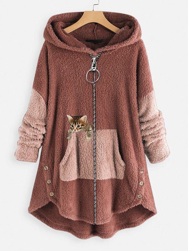 Women's Coats Cute Hooded Zipper Cat Printed Coat - MsDressly