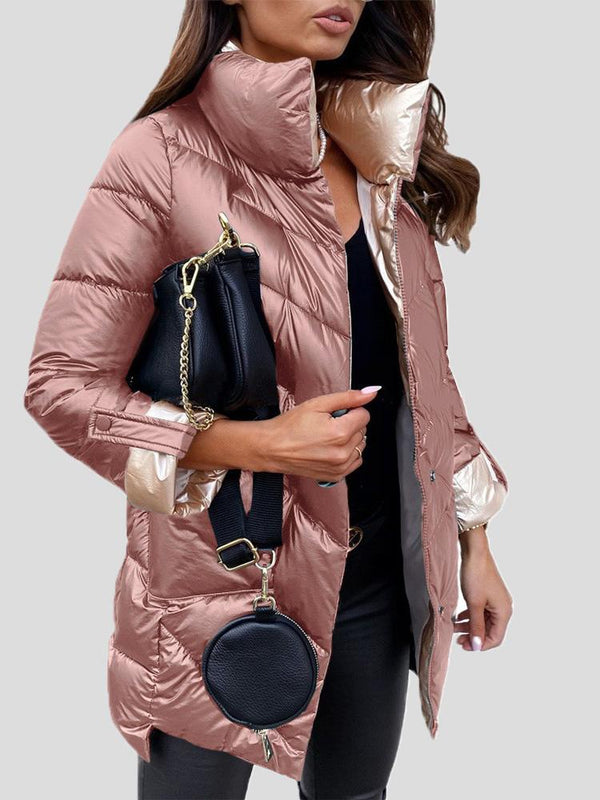 Women's Coats Solid Glossy Stand-Up Collar Zipper Cotton Coat - MsDressly