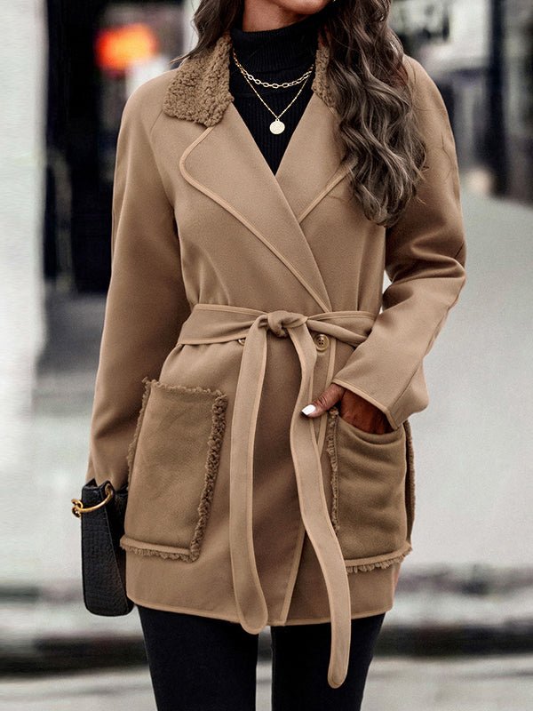 Women's Coats Solid Woolen Lapel Coat - MsDressly