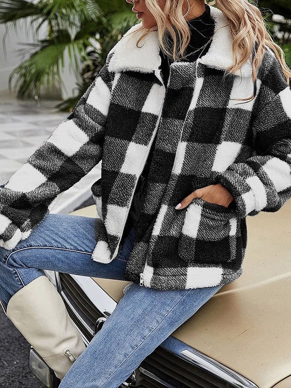 Women's Coats Zip Up Lapel Collar Plaid Coat - Coats - Instastyled | Online Fashion Free Shipping Clothing, Dresses, Tops, Shoes - 4/1/2023 - COA2301040002 - Coats