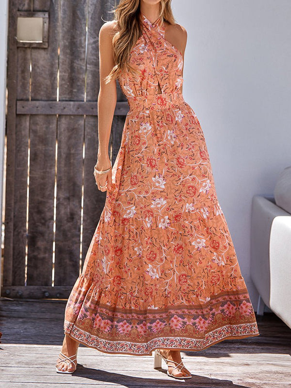 Women's Dresses Bohemia Style Printed Casual Halter Maxi Dress - MsDressly