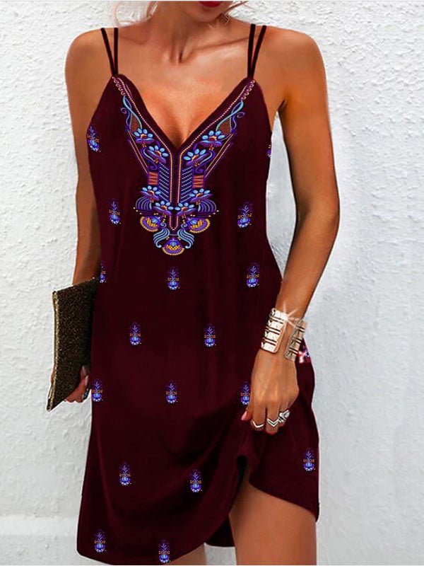 Women's Dresses Bohemian Print Sling V-Neck Dress - Mini Dresses - Instastyled | Online Fashion Free Shipping Clothing, Dresses, Tops, Shoes - 07/06/2022 - Color_Black - Color_Blue