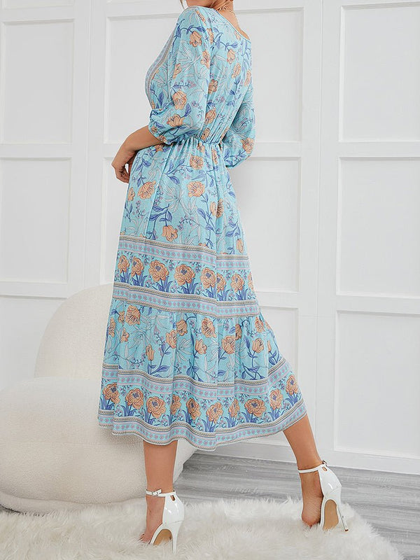 Women's Dresses Bohemian Printed Medium Sleeve Midi Dress - Midi Dresses - Instastyled | Online Fashion Free Shipping Clothing, Dresses, Tops, Shoes - 12/12/2022 - 30-40 - color-light-_blue