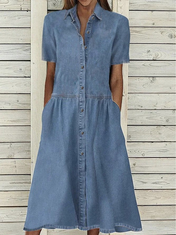 Women's Dresses Casual Lapel Button Pocket Denim Dress - MsDressly