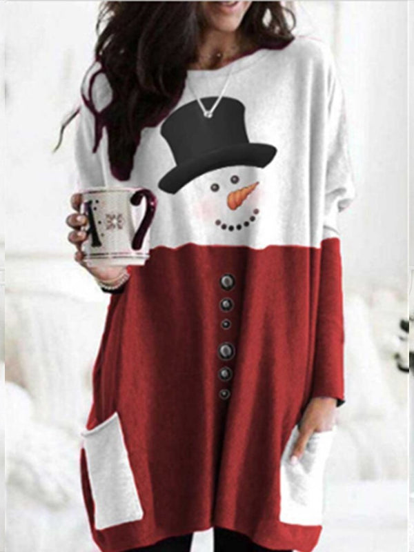 Women's Dresses Christmas Snowman Print Pocket Long Sleeve Dress - Mini Dresses - INS | Online Fashion Free Shipping Clothing, Dresses, Tops, Shoes - 1/11/2021 - 20-30 - Casual Dresses